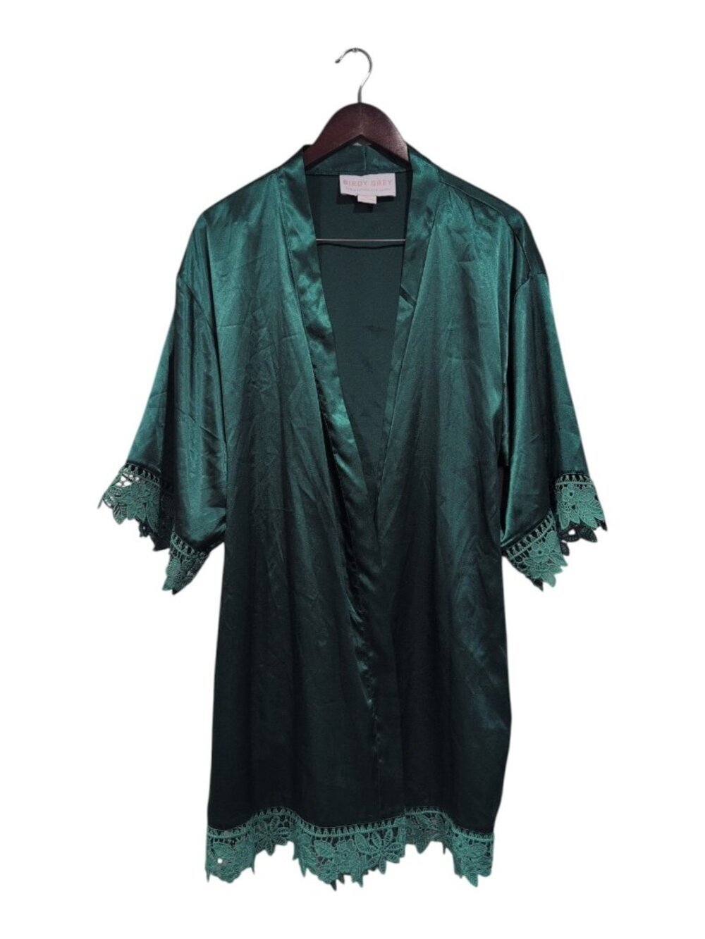 Birdy Grey Womens Green Satin Kimono-Style Robe Floral Crochet Trim Romantic M/L